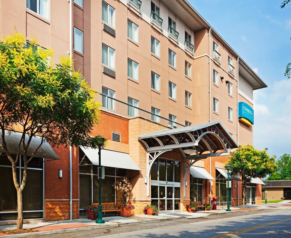 A welcoming exterior shot features the hotel’s entrance with an inviting awning, potted plants, outdoor seating, and large windows. The vibe is engaging and social, with guests arriving, relaxing outside, or snapping photos at the entrance.